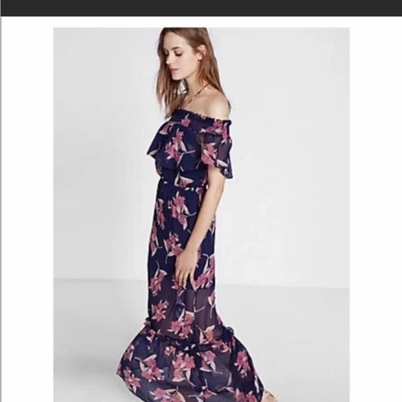 Express | Dresses | Express Navy Blue Floral Print Off The Shoulder Maxi  Dress | Poshmark